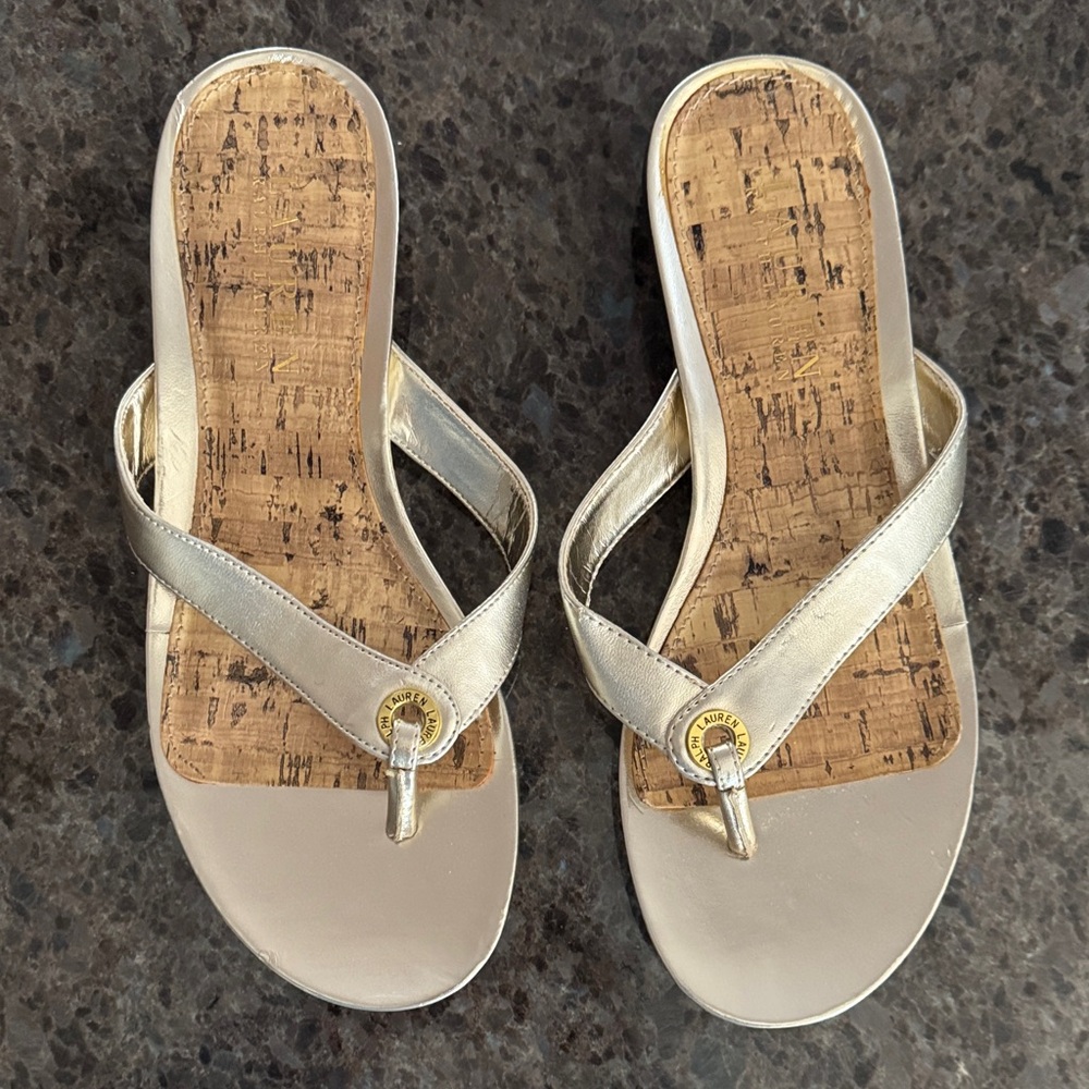 Ralph Lauren Metallic Gold Cork-Detail Thong Sandals Flip Floos - Size 8 - NWOT